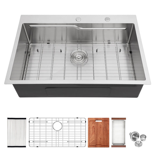 33" Drop In Kitchen Sink With Ledge Workstation, Single Bowl, 16 Gauge Stainless Steel - Black / Gray Daily Nest