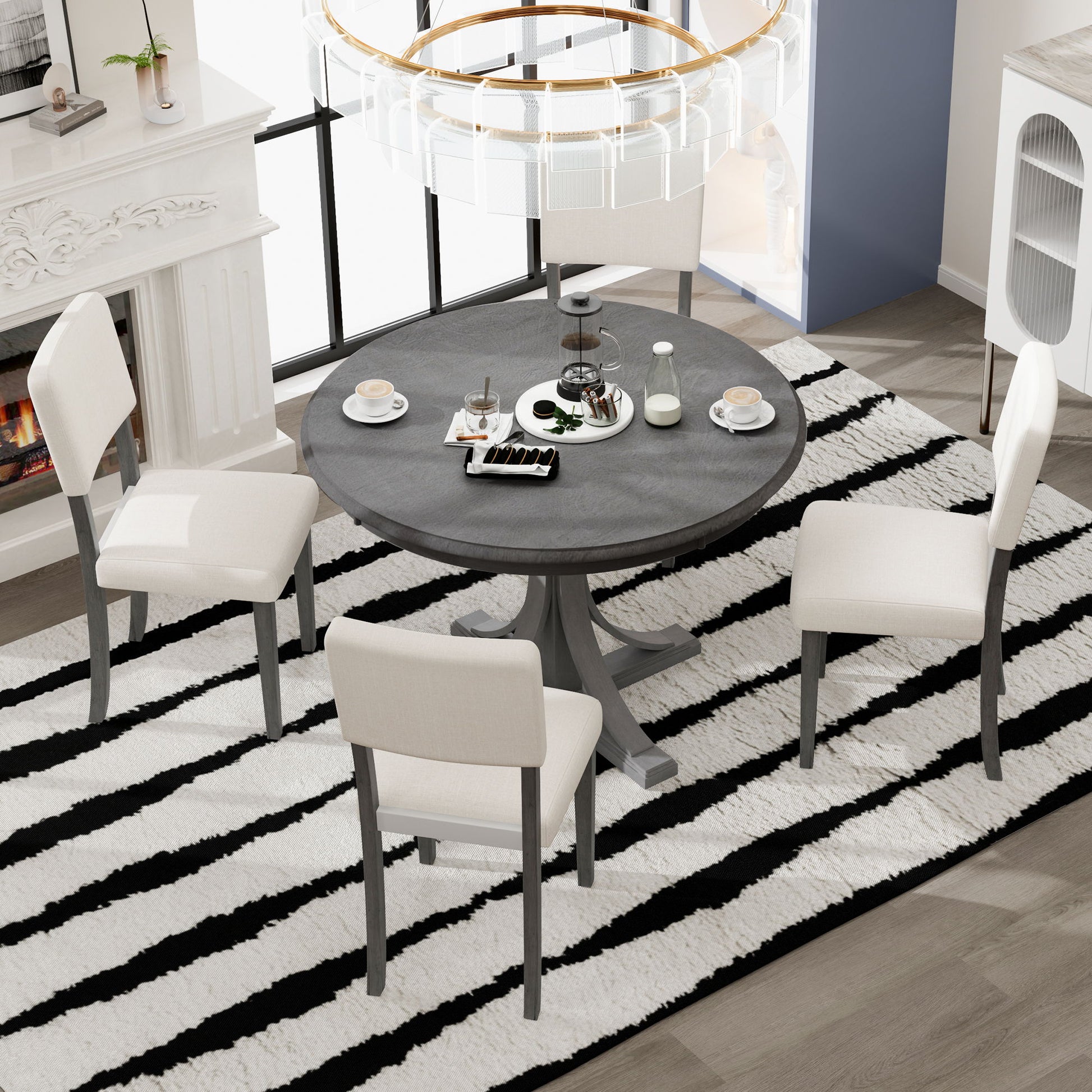 Retro Round Dining Table Set With Curved Trestle Style Table Legs And Upholstered Chairs For Dining Room Hearth and Haven