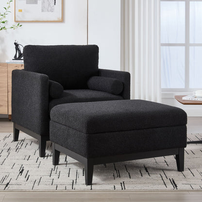 Farmhouse Upholstered Accent Chair With Ottoman, Reversible Lid Coffee Table Home Essentials