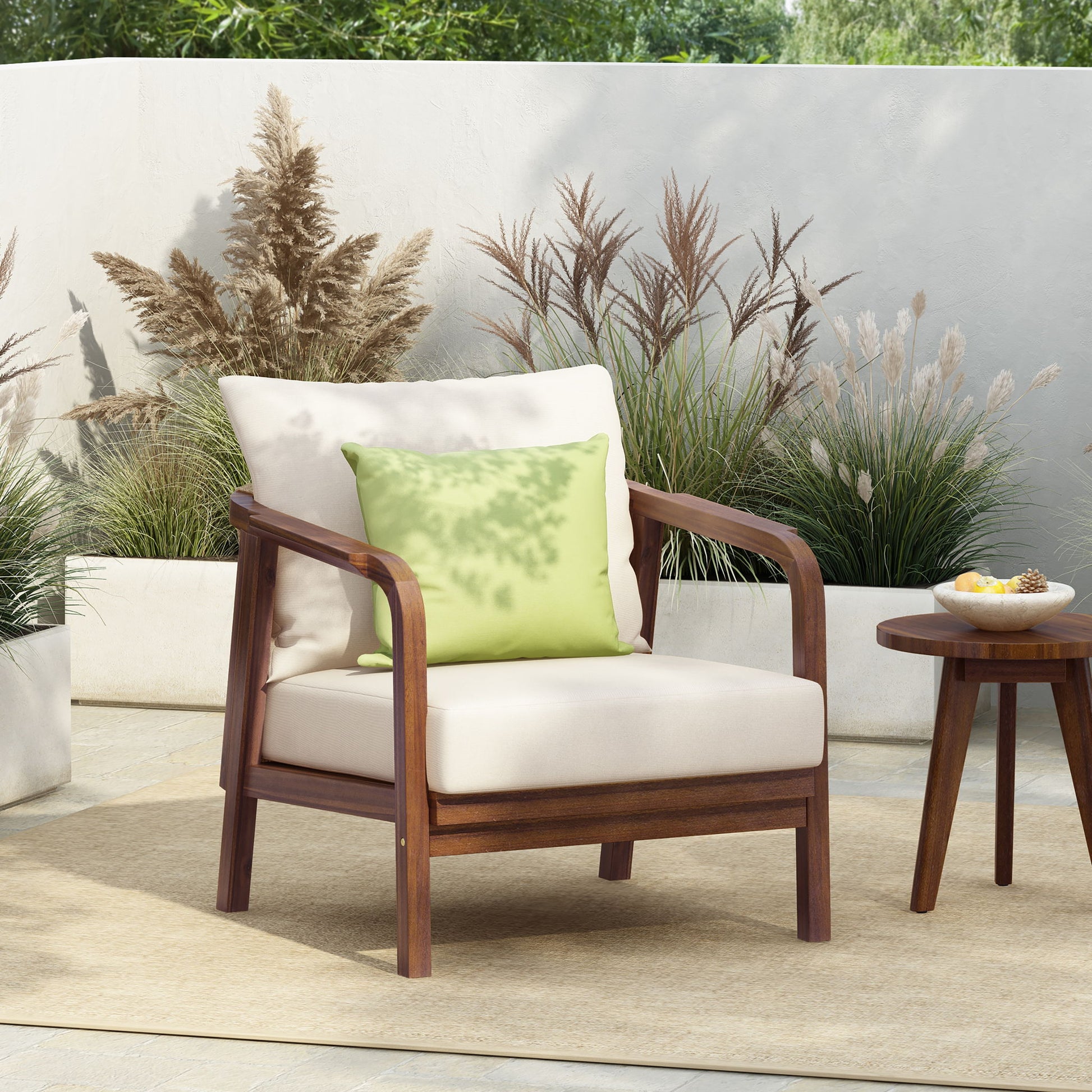 Outdoor Lounge Chair With Woven Backrest, Solid Wood Frame, Comfortable Cushions Noble House