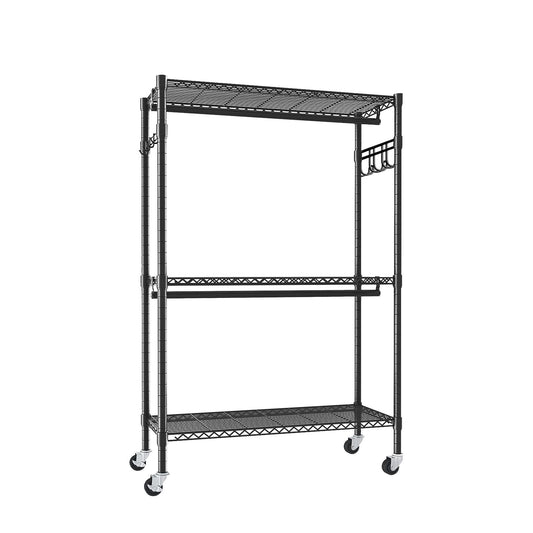 Heavy Duty Rolling Clothes Rack With 3 Tier Shelves, 2 Rails & Side Hooks, Adjustable Freestanding Organizer Metal - Black Daily Nest