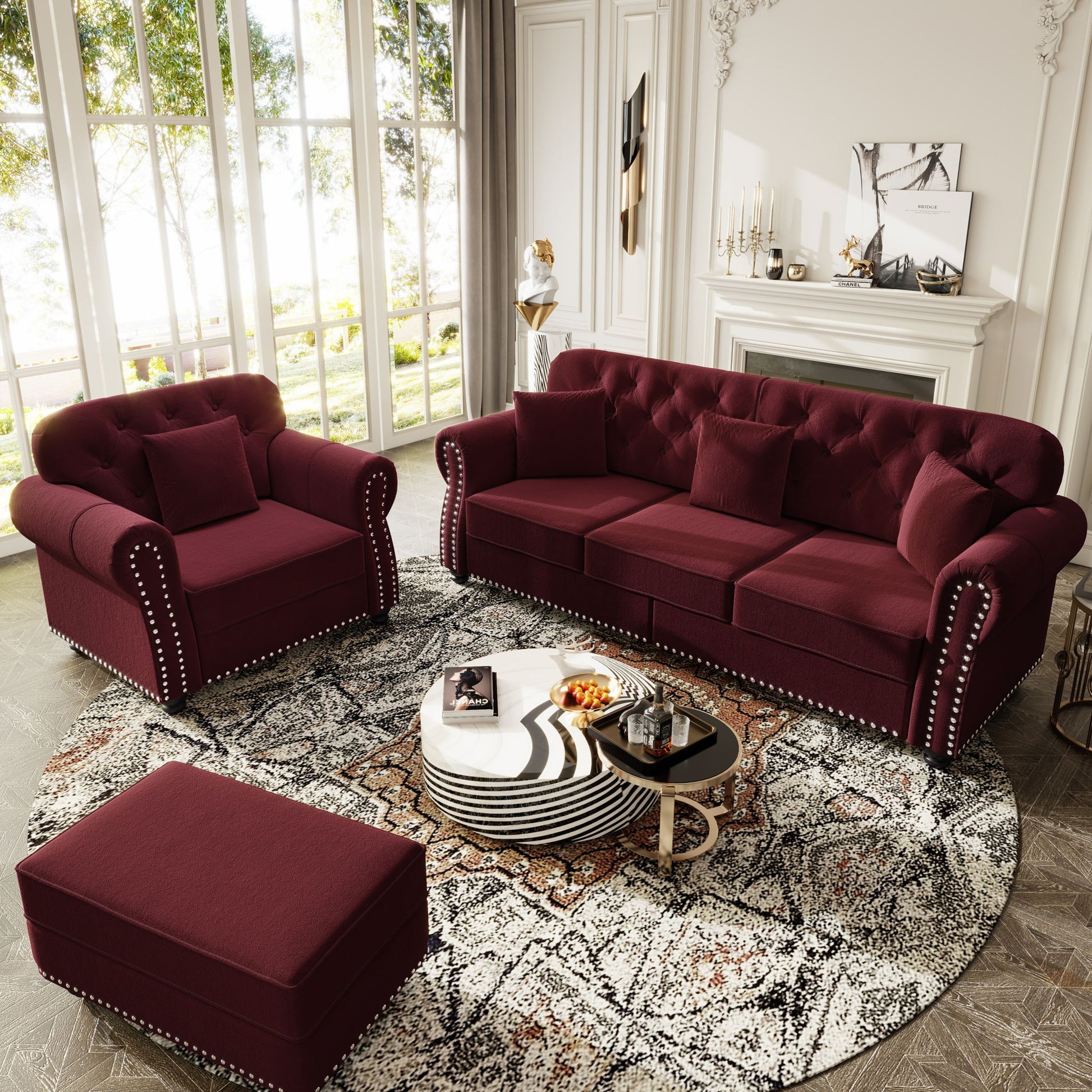 Upholstered Sofa Set With Nailhead Trim And Rolled Armrests, Includes Pillows Home Essentials