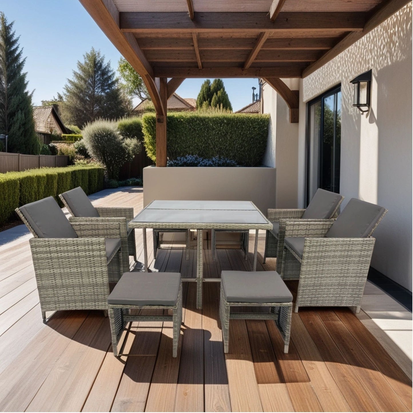 9 Pieces Patio Dining Sets Outdoor Space Saving Rattan Chairs With Glass Table Patio Furniture Sets Cushioned Seating And Back Sectional Conversation Set Wicker And Cushion - Gray