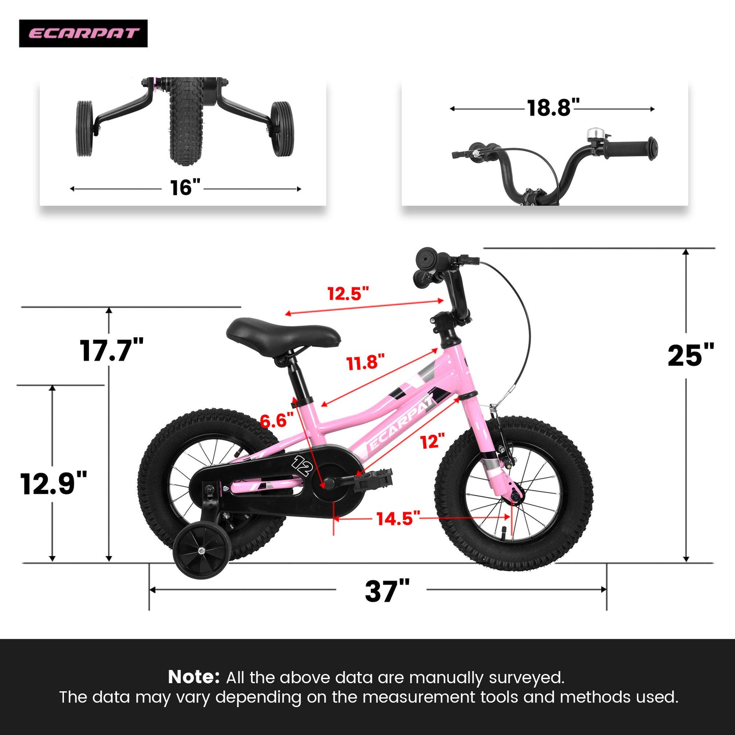 A12117 Kids' Bike 12" Wheels, 1 Speed Boys Girls Child Bicycles For 2 - 3 Years, With Removable Training Wheels Baby Toys, Front V Brake, Rear Holding Brake