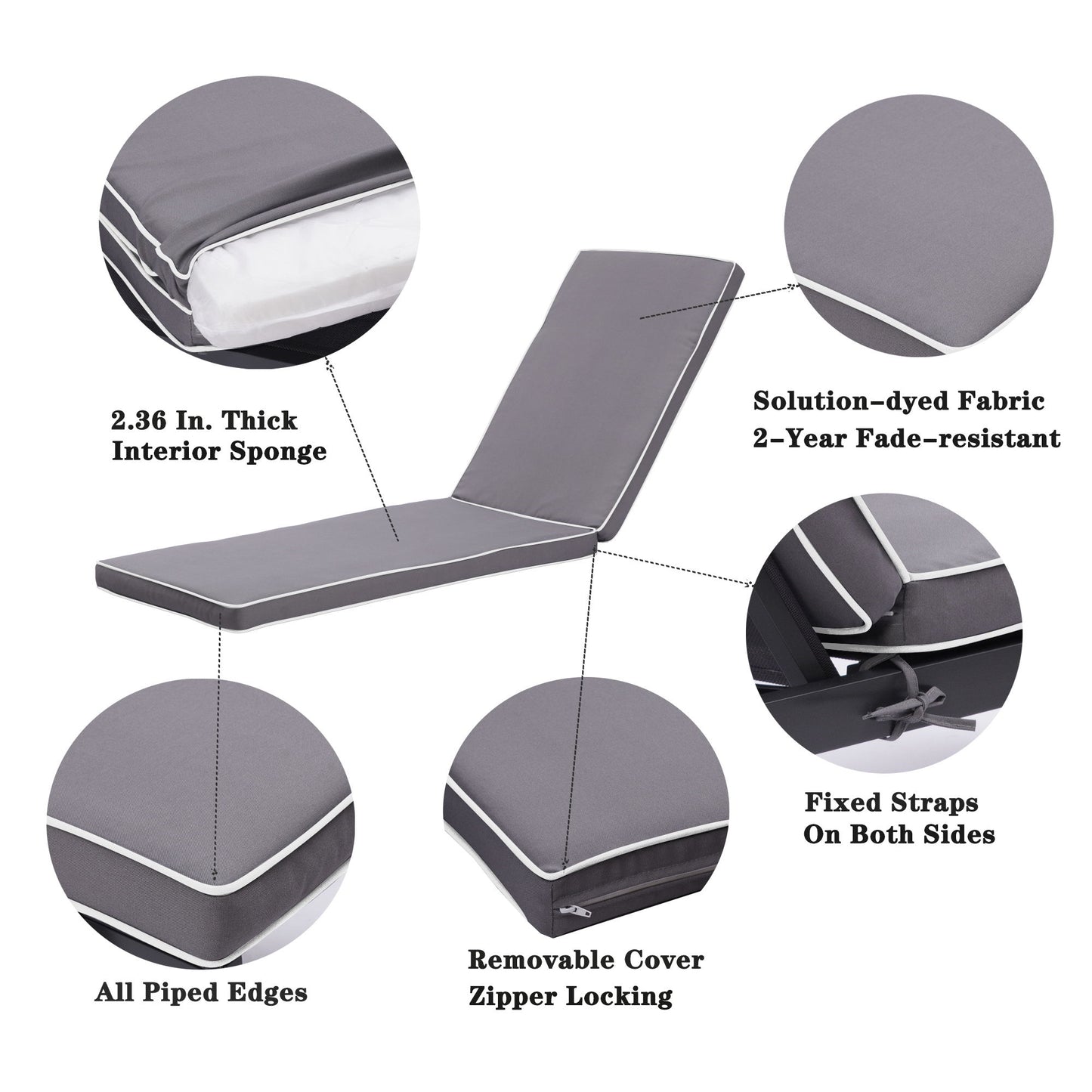2 Pieces Set Outdoor Lounge Chair Cushion Replacement Patio Furniture Seat Cushion Chaise Lounge Cushion - Antique Gray / White Home Essentials