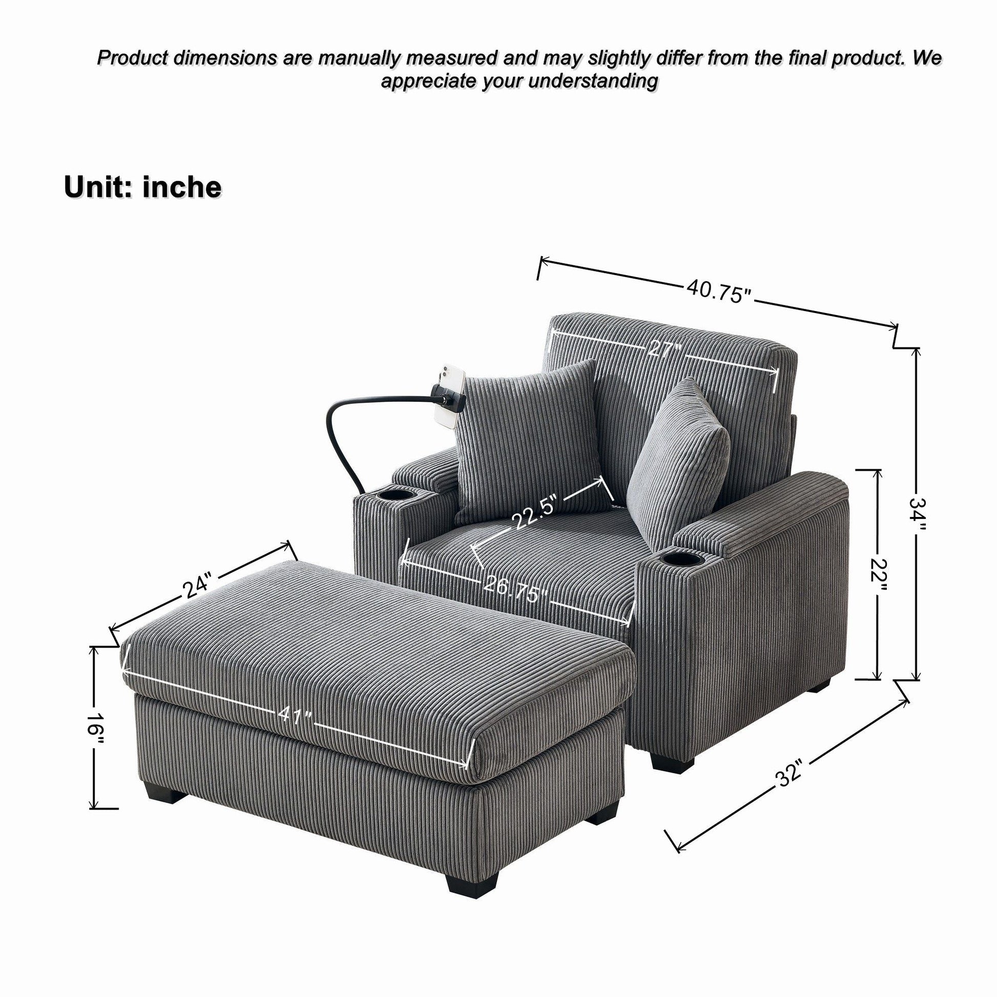 Oversized Chaise Lounge Chair With Ottoman And Storage Home Essentials