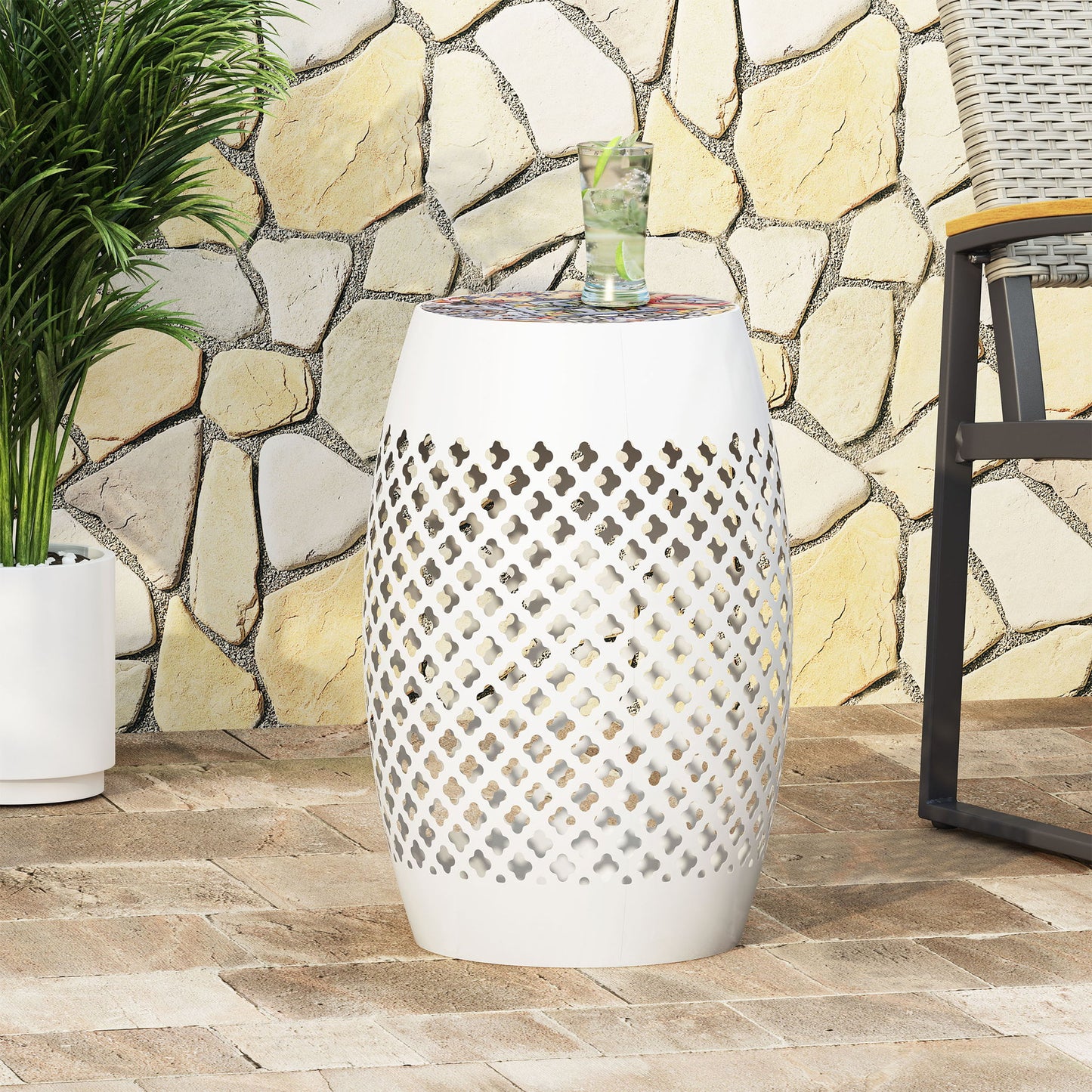 Roswell - Outdoor Side Table With Mosaic Tile Top Noble House