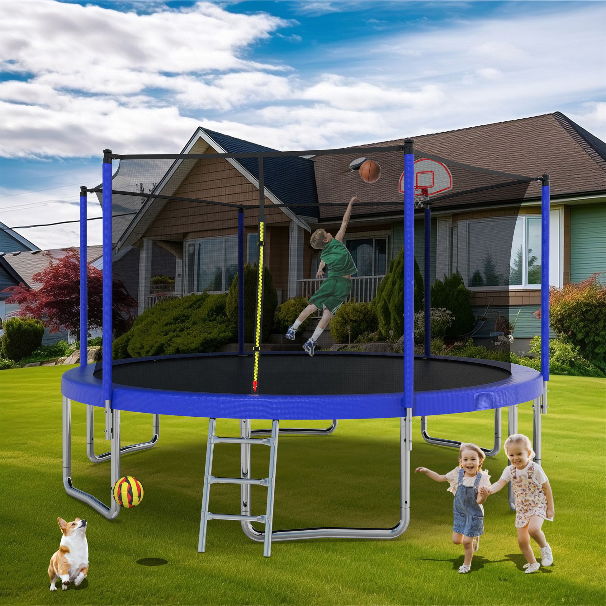 14Ft For Kids Children With Safety Enclosure Net Outdoor Backyards Large Recreational Trampoline - Blue Daily Nest