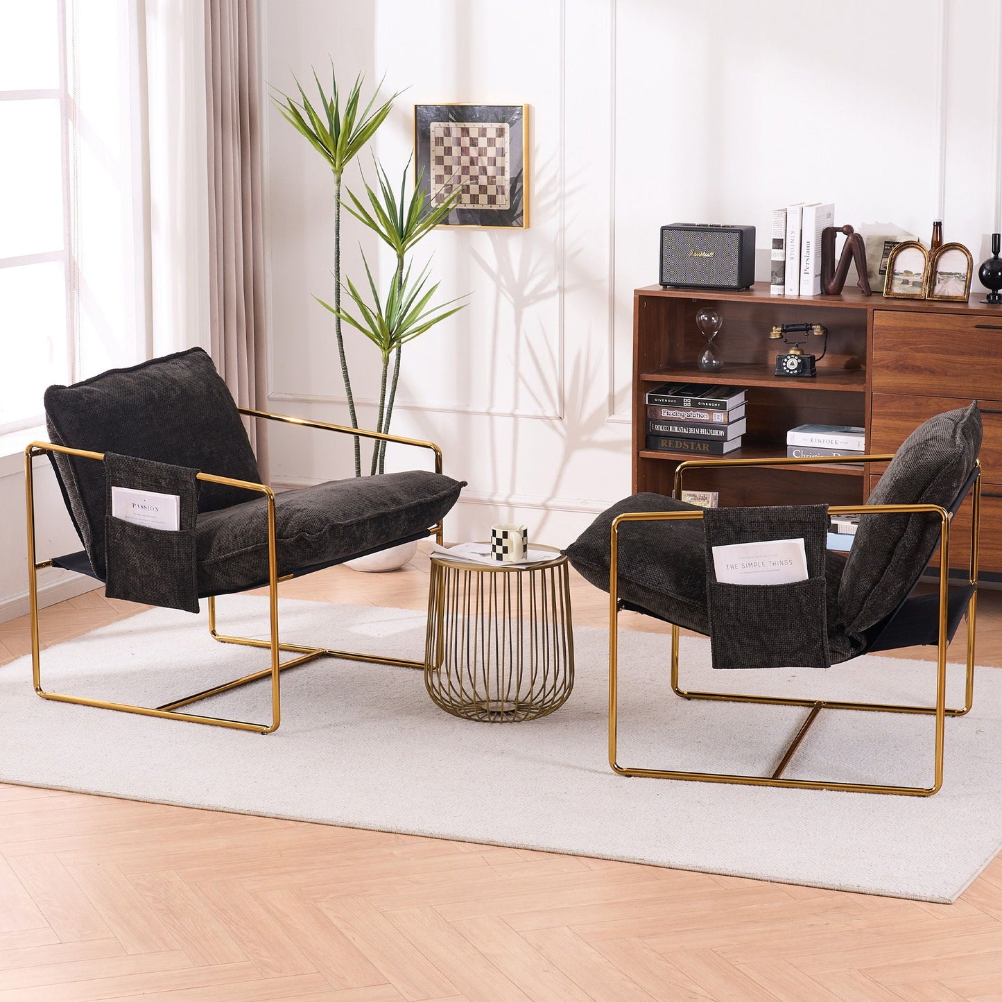 Upholstered Hanging Armchair With Arm Pocketsmetal Frame (Set of 2), Gold-Plated Craftsmanship, Crushed Foam Cushions And Skin-Friendly Woven Fabric For Living Room And Bedroom Home Essentials