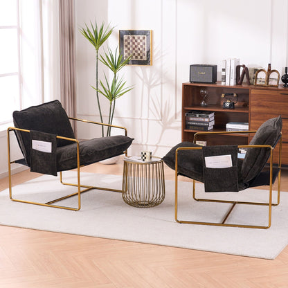 Upholstered Hanging Armchair With Arm Pocketsmetal Frame (Set of 2), Gold-Plated Craftsmanship, Crushed Foam Cushions And Skin-Friendly Woven Fabric For Living Room And Bedroom Home Essentials