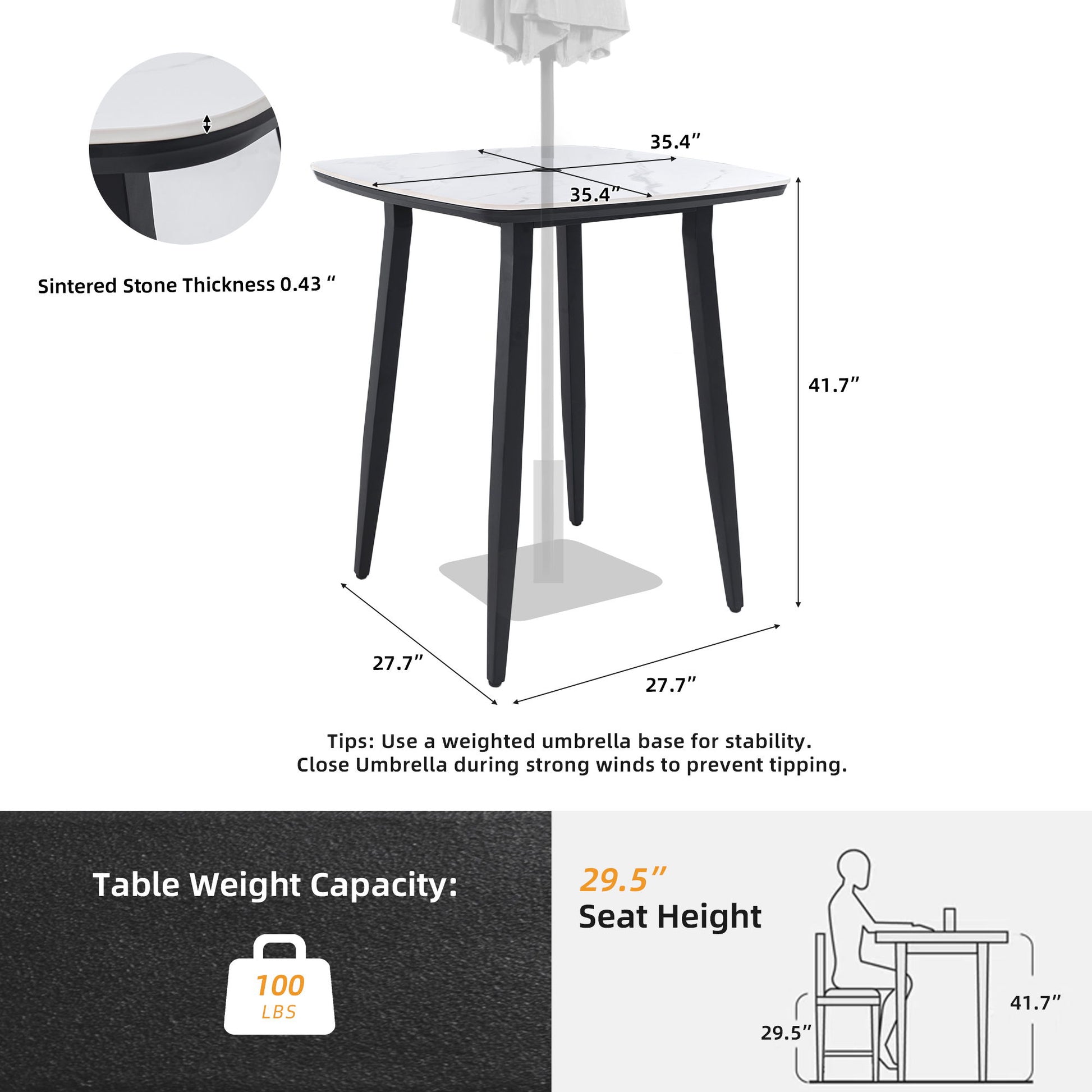 Modern Outdoor Bar Table, Rounded Square Sintered Stone Top With Umbrella Hole, Rust Free Frame, Weatherproof - Ember Black / White Life Outside