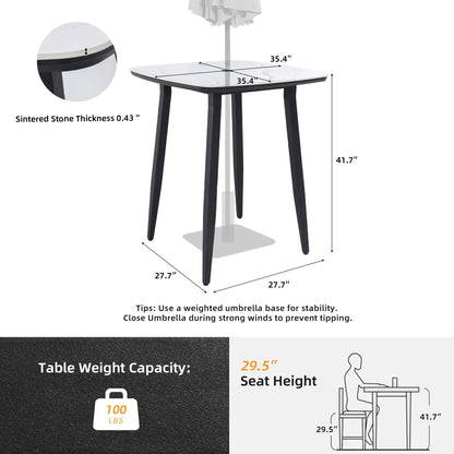 Modern Outdoor Bar Table, Rounded Square Sintered Stone Top With Umbrella Hole, Rust Free Frame, Weatherproof - Ember Black / White Life Outside