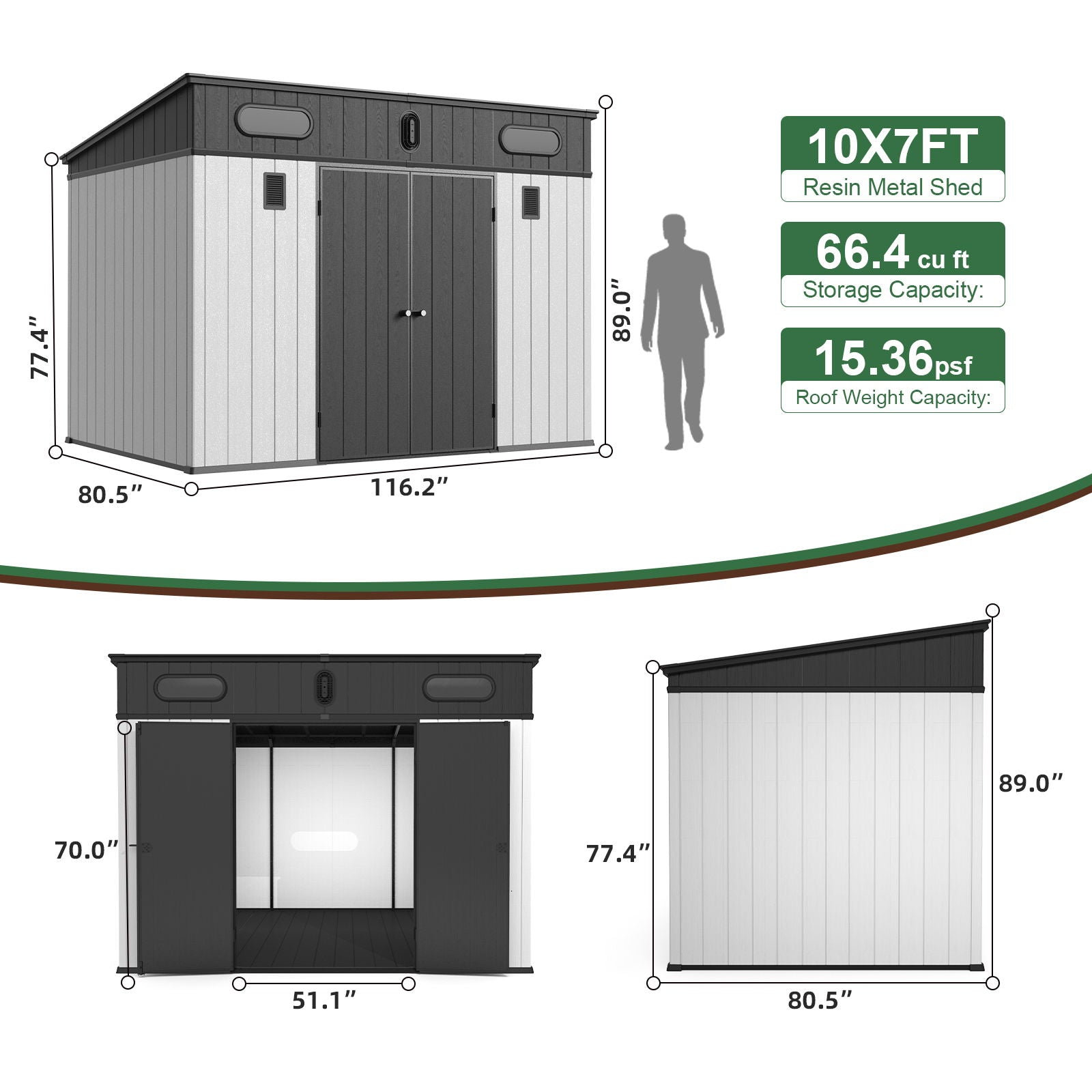 10 Ft. W X 7 Ft. D Plastic Storage Shed With Floor - Black / Gray Daily Nest