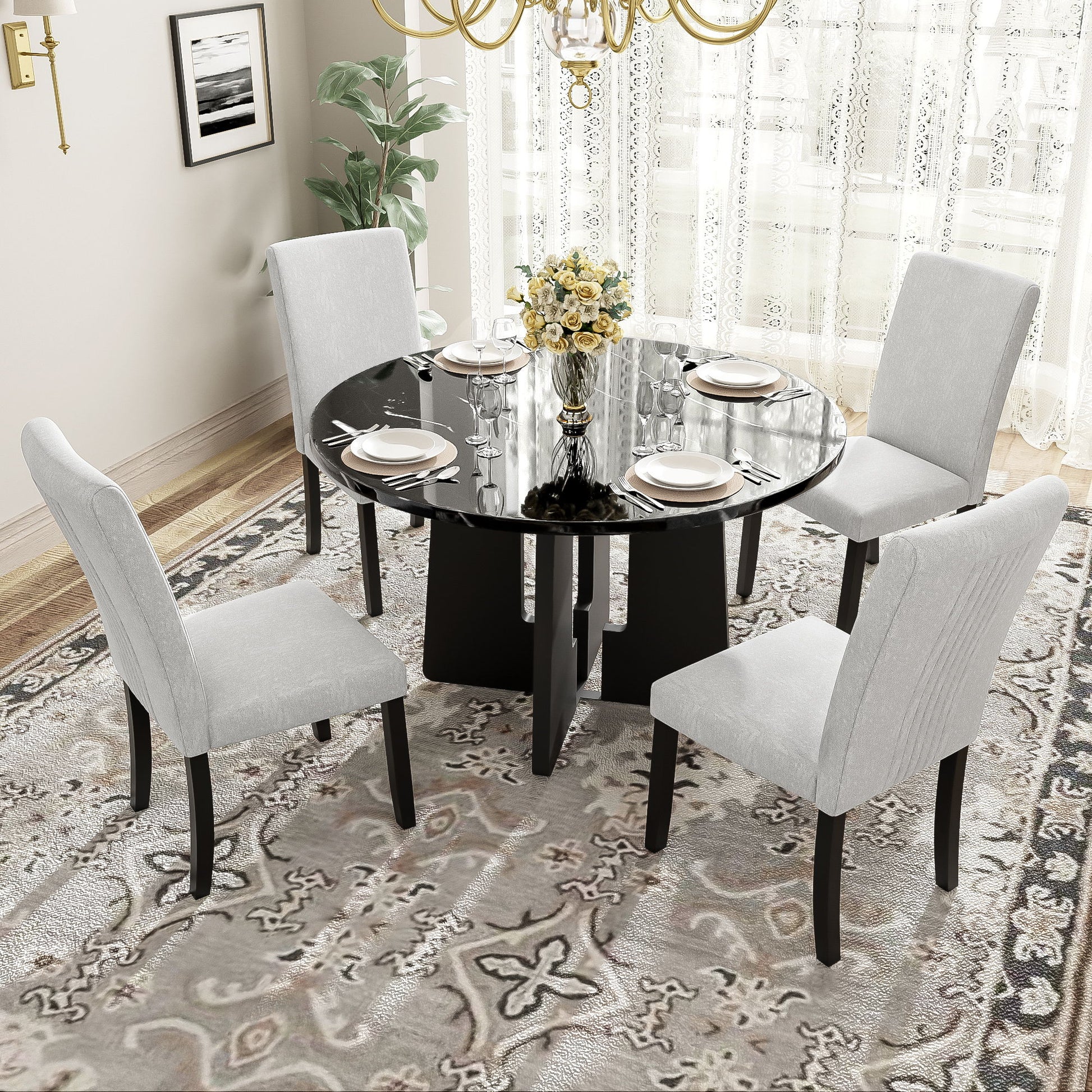 5 Piece Round Dining Table Set, Modern Dining Table And 4 Upholstered Chairs For Dining Room Hearth and Haven