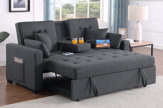 Cody II - Convertible Sleeper Loveseat With Cup Holder, Charging Ports and Pocket - Dark Gray Lilola Home