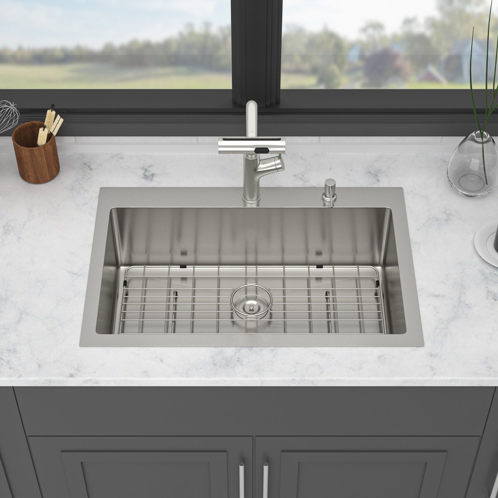30" Single Bowl Drop In Kitchen Sink With Pull Out Faucet And Soap Dispenser - Brushed Nickel Daily Nest