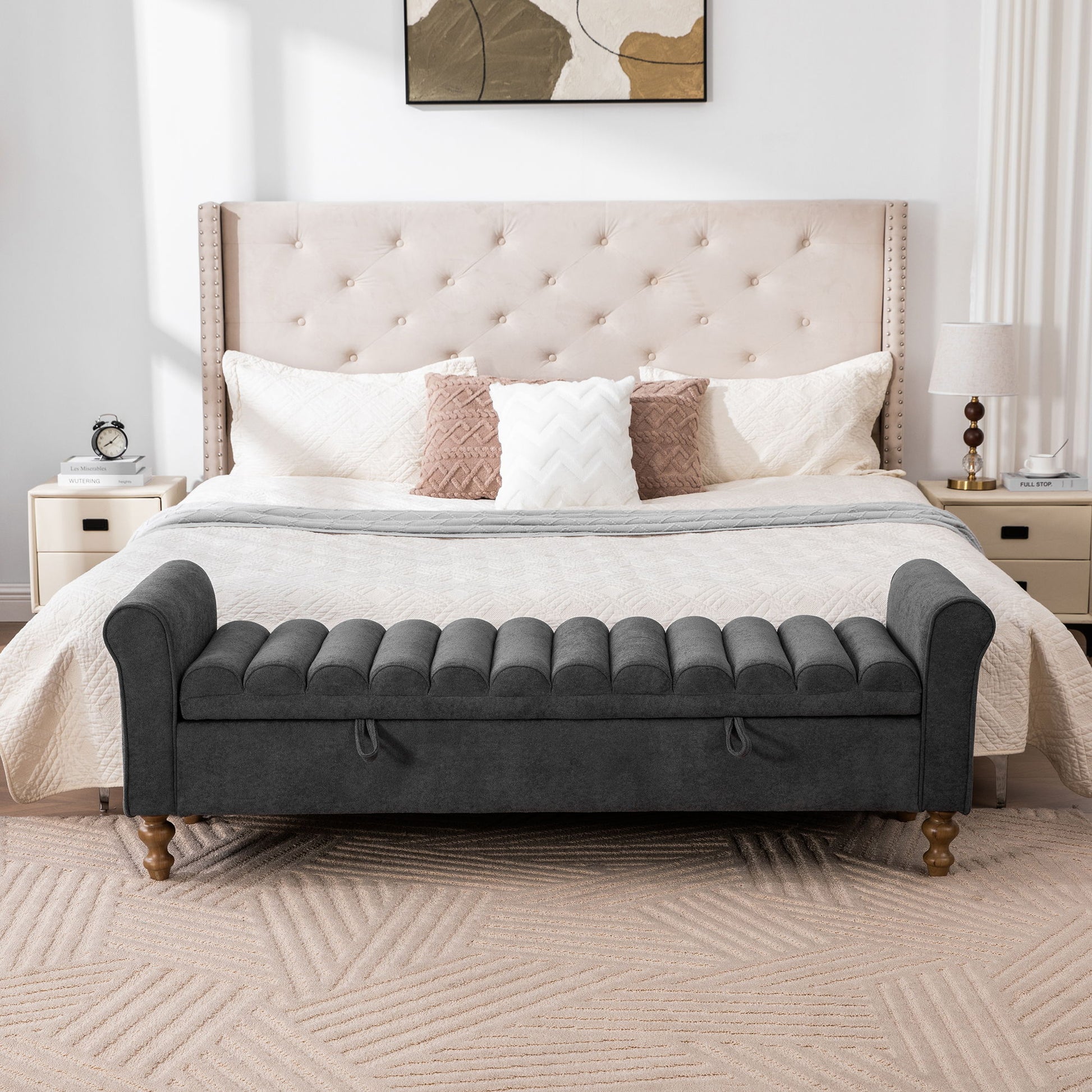 Wide Modern Upholstered Storage Bench With Rolled Armrest Home Essentials