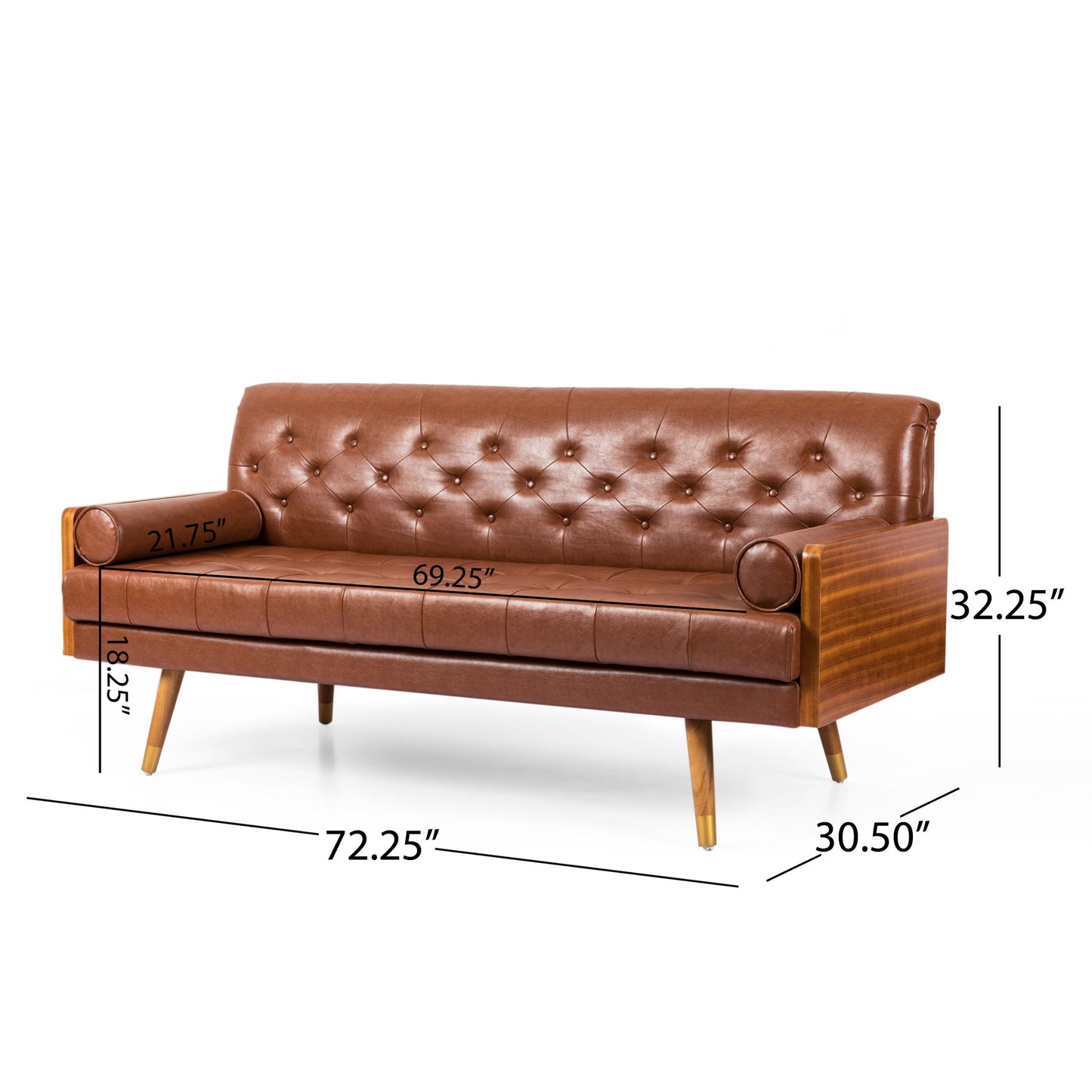 Adelaide - Mid Century Modern Tufted Sofa With Rolled Accent Pillows - Light Brown Noble House