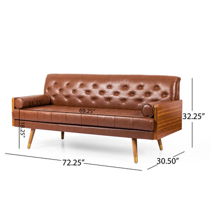 Adelaide - Mid Century Modern Tufted Sofa With Rolled Accent Pillows - Light Brown Noble House