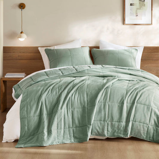 Mina - Full/Queen Waffle Weave Textured Quilt Set - Green Super Listing