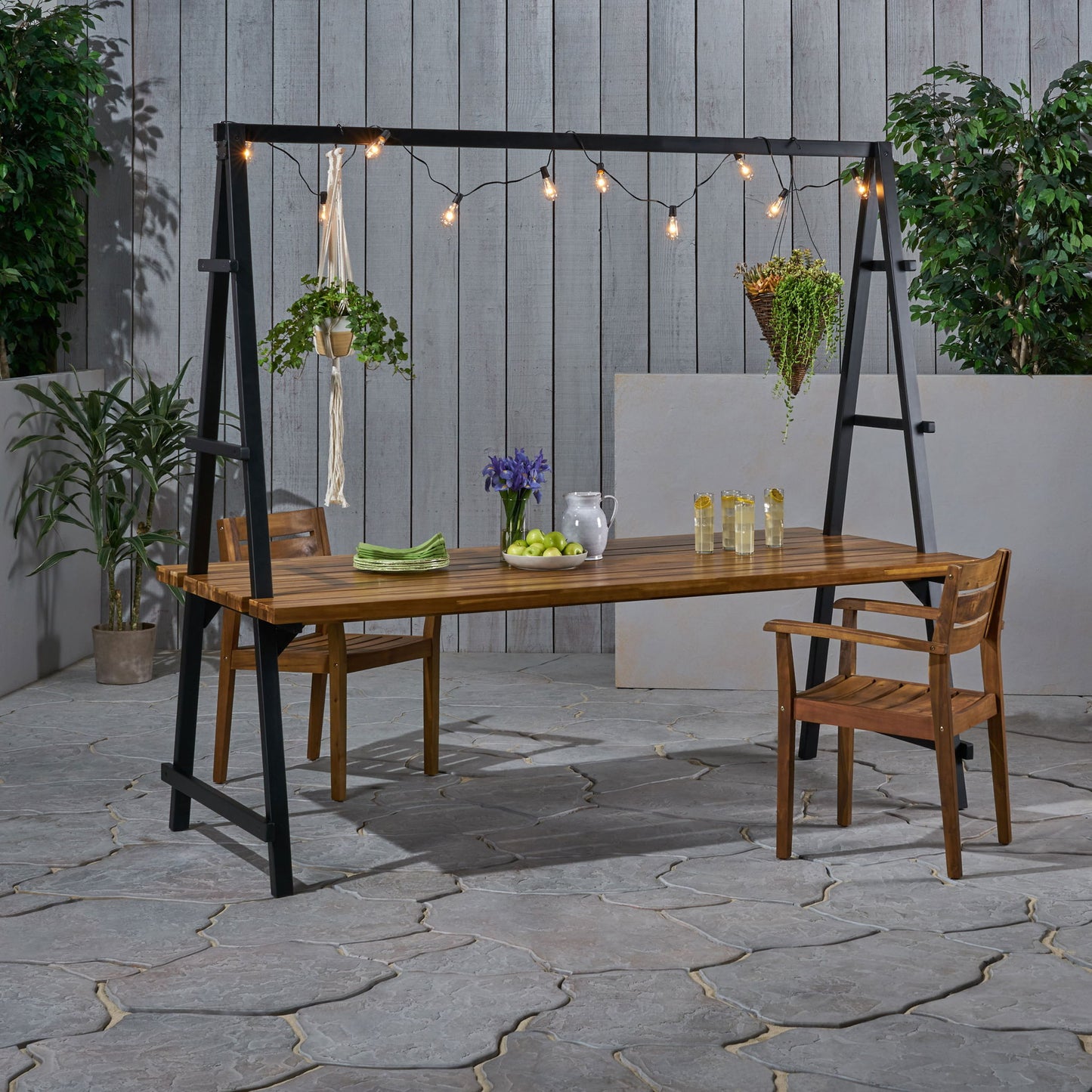 Huckleberry - Acacia Wood Outdoor Dining Table With Plant Hanger - Teak Noble House