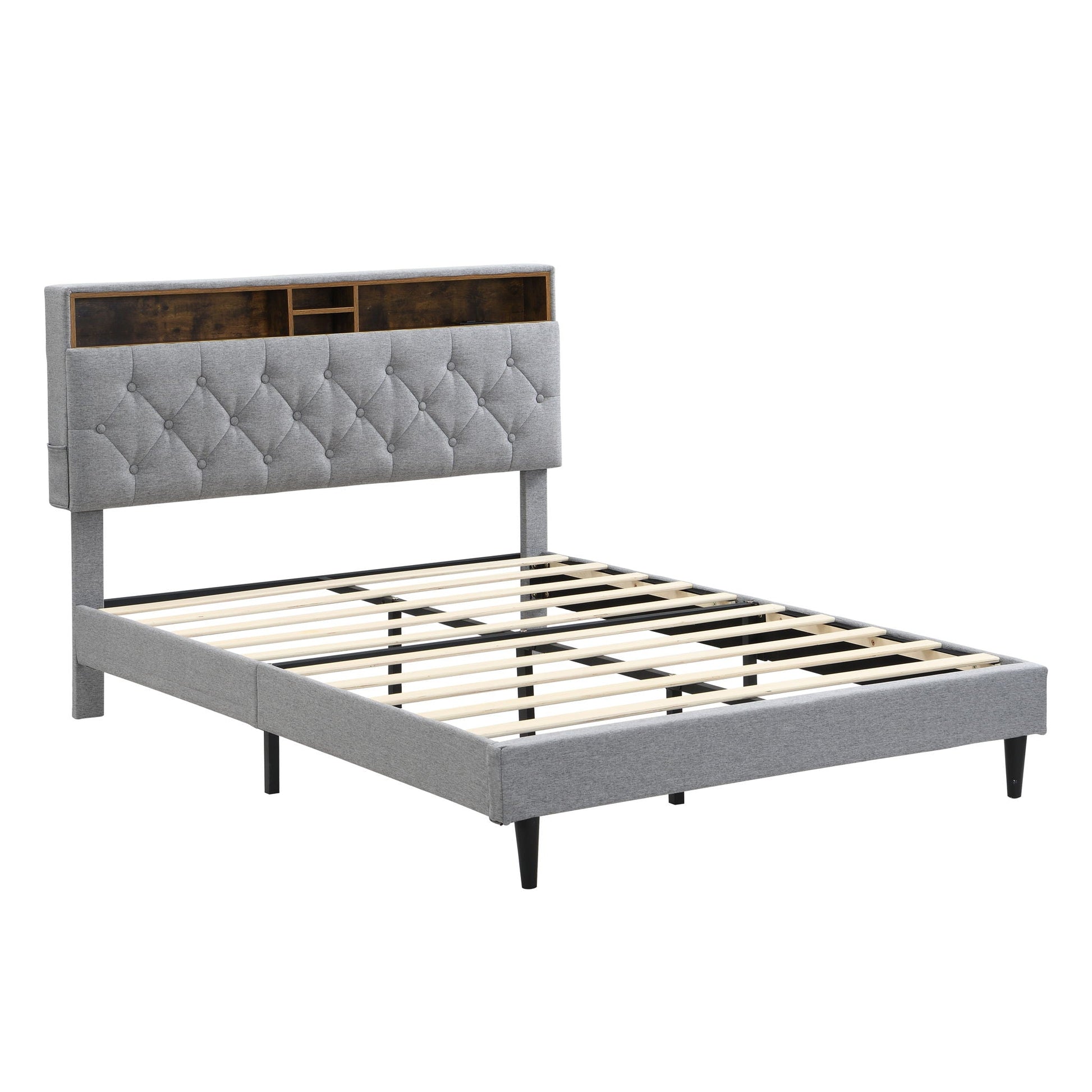 Modern Upholstered Platform Bed Frame With Button Tufted Headboard And USB Ports Home Essentials