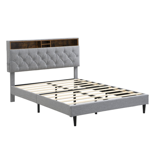 Modern Upholstered Platform Bed Frame With Button Tufted Headboard And USB Ports Home Essentials
