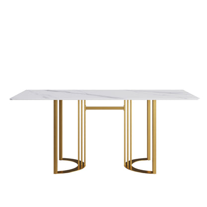 70.87" Modern Artificial Stone White Straight Edge Golden Metal Leg Dining Table, Can Accommodate 6-8 People - White / Gold