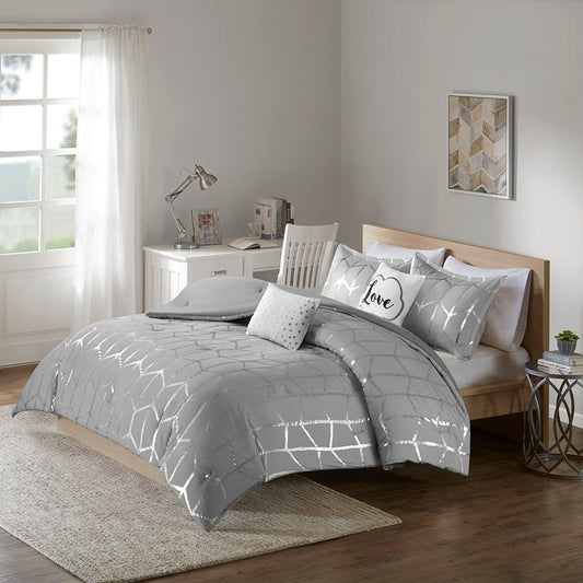 Raina - Metallic Printed Comforter Set - Gray / Silver