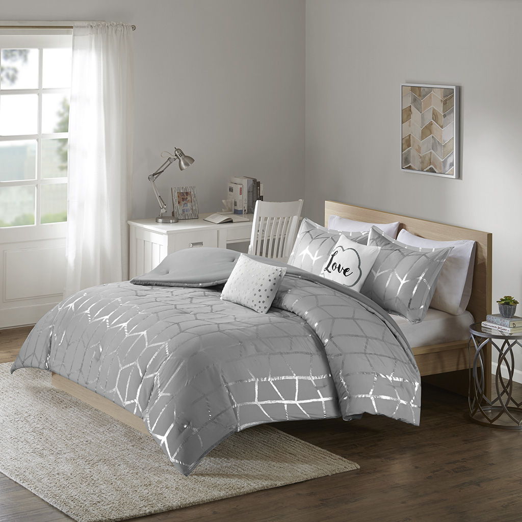 Raina - King Metallic Printed Comforter Set - Gray / Silver