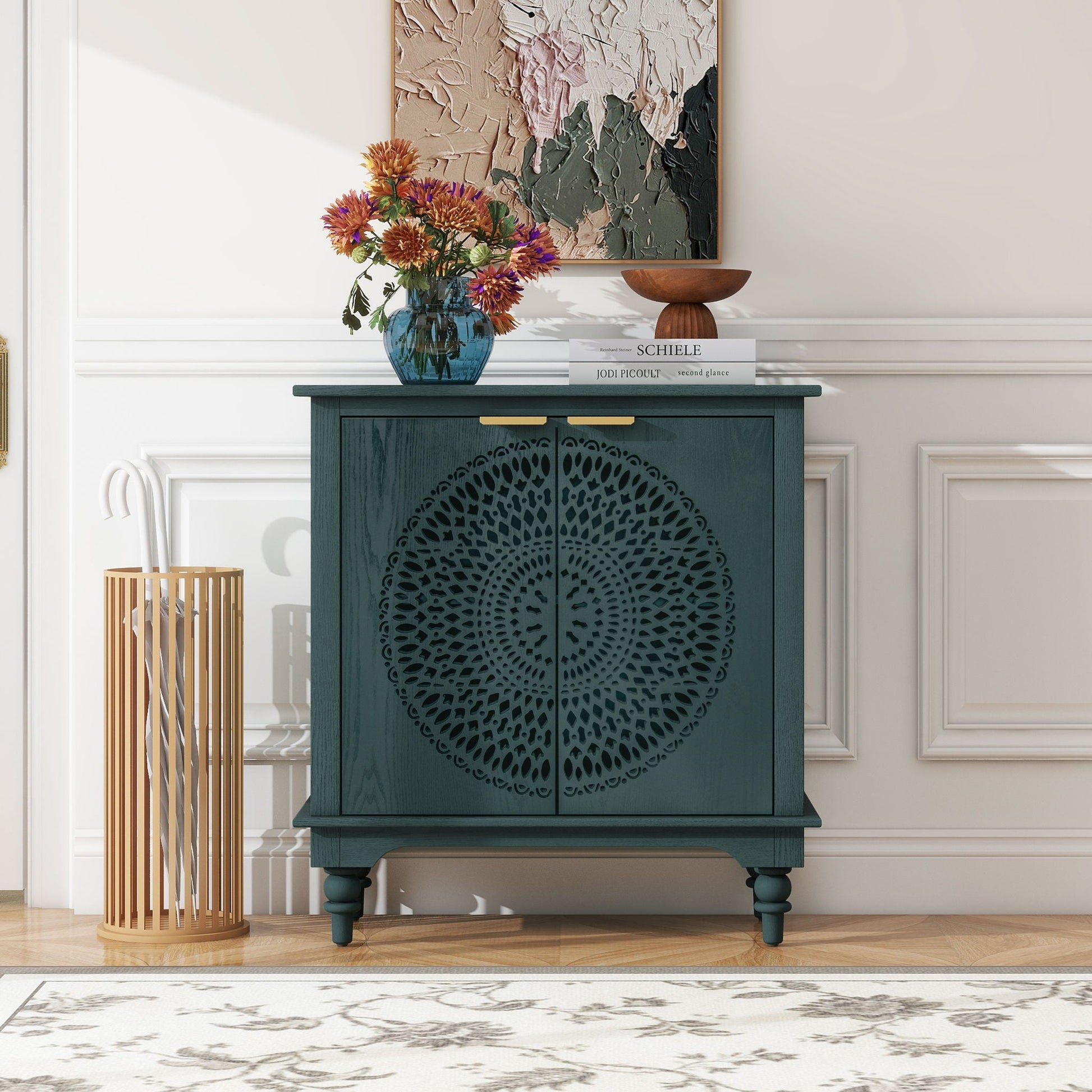 Hollow Carved 2 Door Accent Cabinet With Adjustable Shelf, Sideboard Buffet For Entryway, Living Room Or Bedroom - Blackish Green Home Essentials