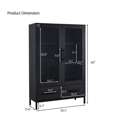 Modern Style Tall Display Cabinet With LED Lighting, Tempered Glass Door, 2 Drawers Hearth and Haven