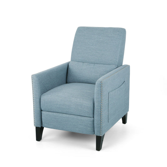 Repose Upholstered Recliner Chair With Nailhead Trim And Side Pocket - Light Blue Noble House