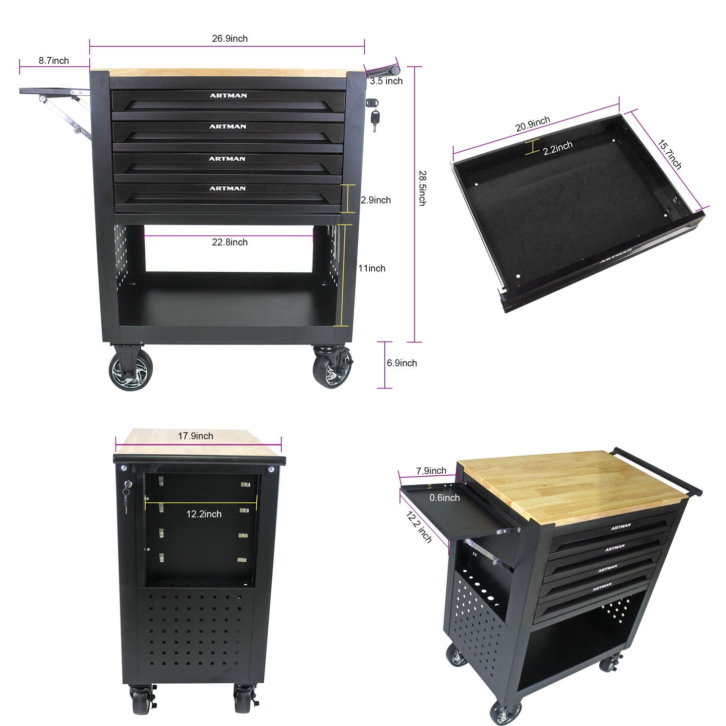 4 Drawers Multifunctional Tool Cart With Wheels And Wooden Top Daily Nest