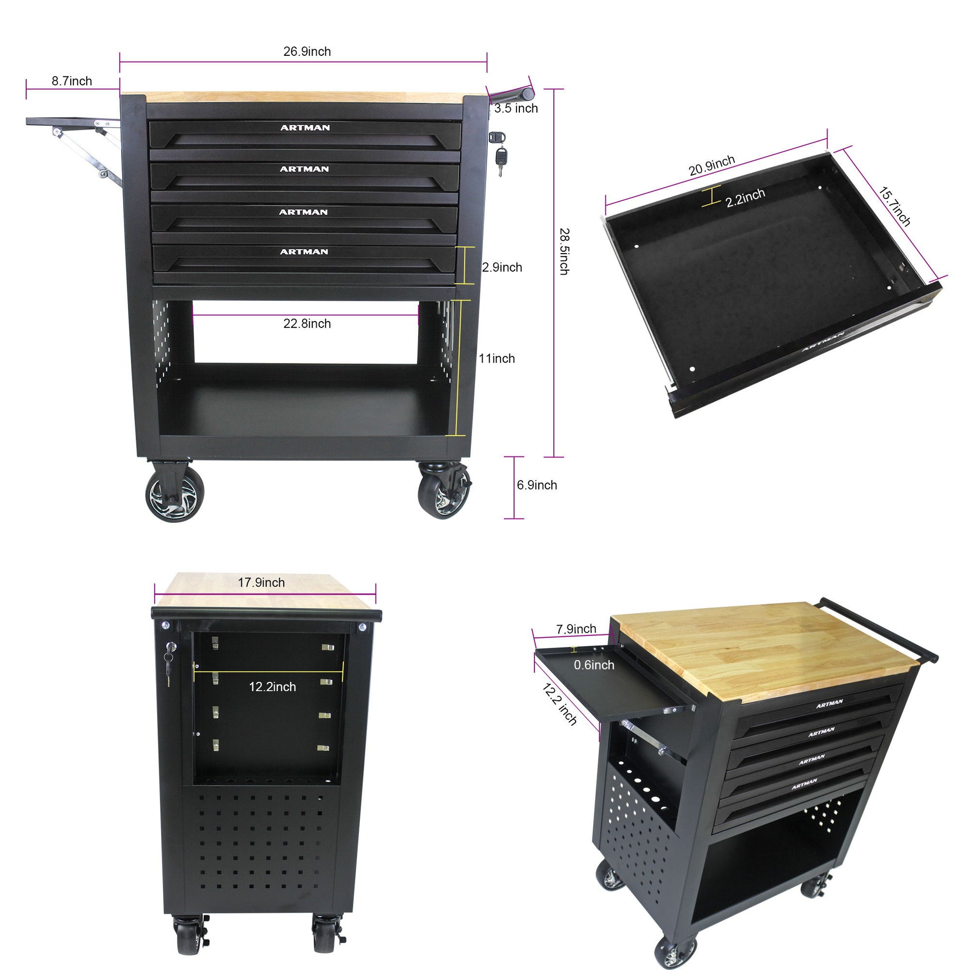 4 Drawers Multifunctional Tool Cart With Wheels And Wooden Top Daily Nest