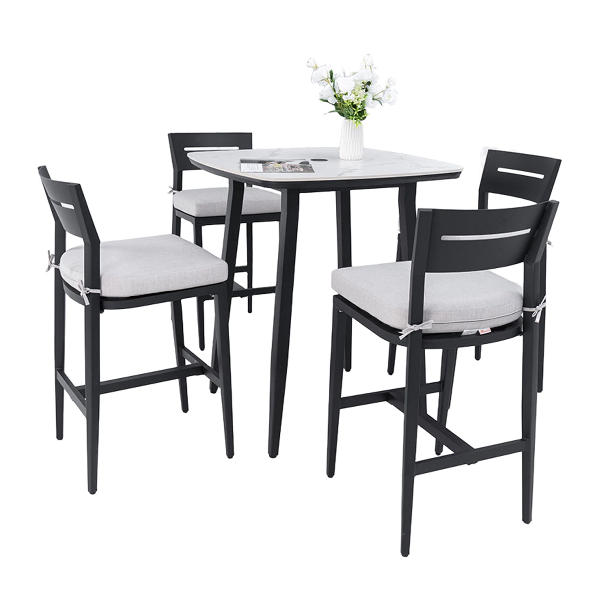 Modern Outdoor Patio Bar Set, Rounded Square Table & Bar Chairs, Non Rust Frame, Tapered Legs, Sunbrella Cushion Life Outside