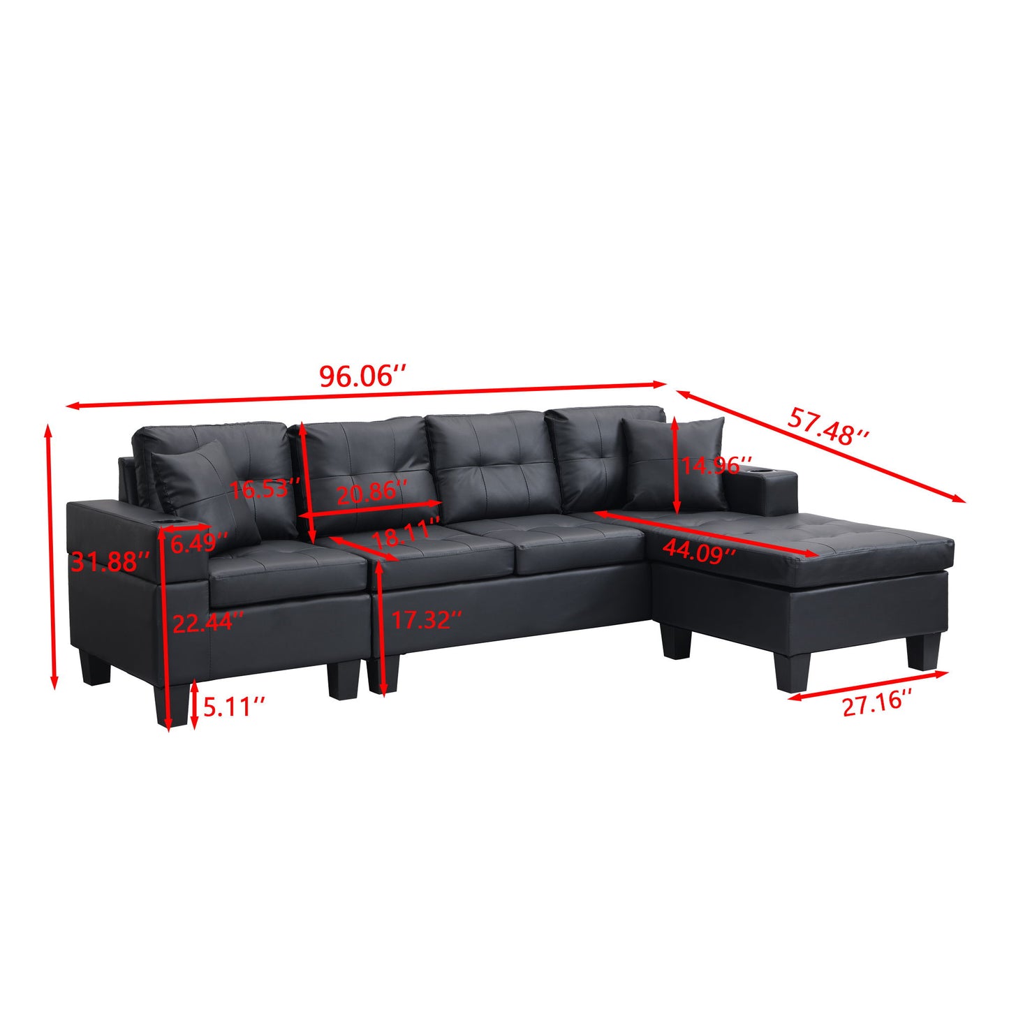 Modern Sectional Sofa Set With L Shape Chaise Lounge, Cup Holder, 4 Seat Home Essentials