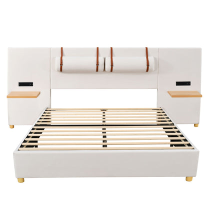 Upholstered Platform Bed, 2 Outlets And USB Charging Ports On Both Sides, 2 Bedside Pillows, Storage Shelves Halcyon Home