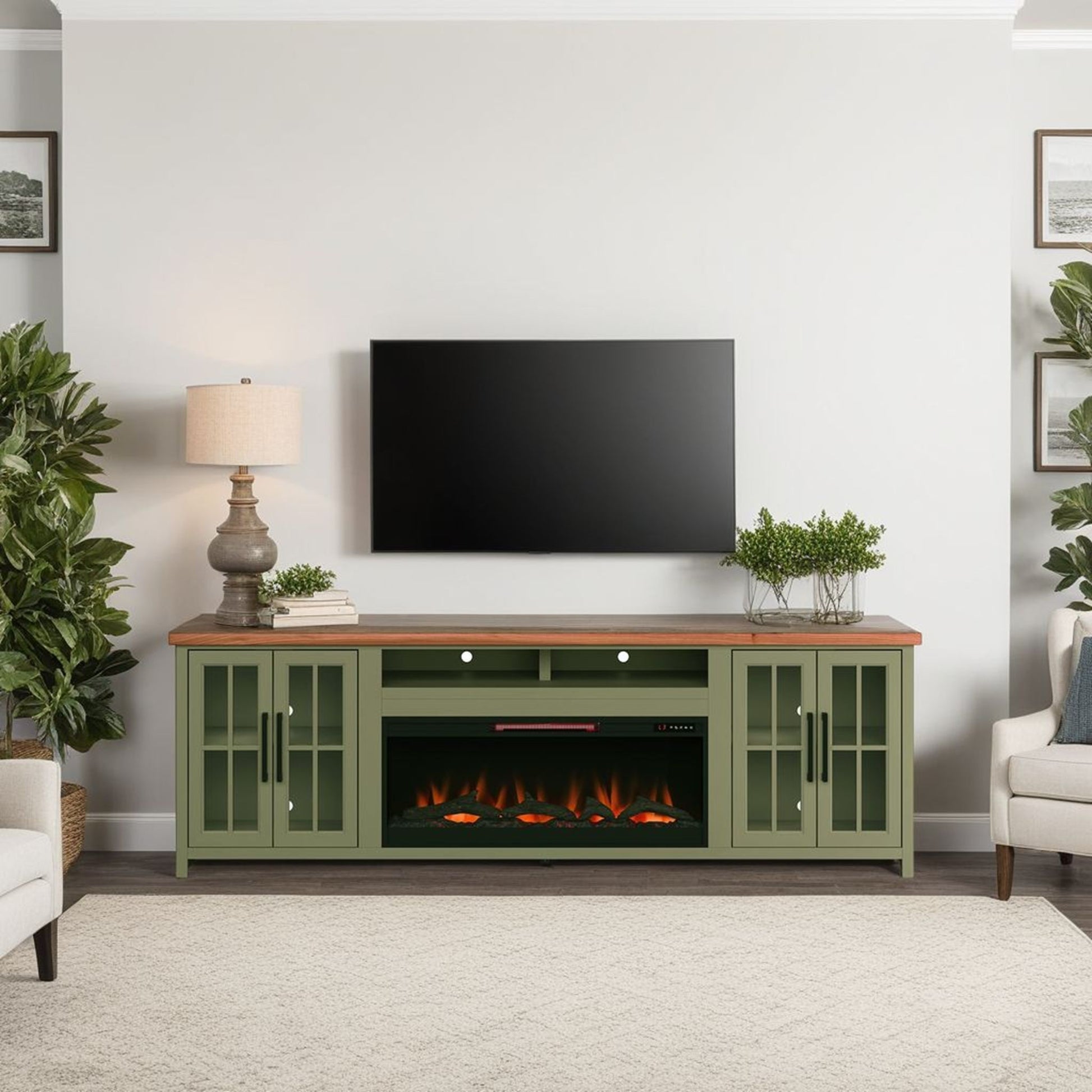 Vineyard - 97" Fireplace TV Stand Console For TVs Up To 100" - Sage Green And Fruitwood Finish Legends