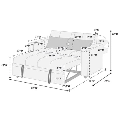 Modern Style Convertible Sofa With Pull-Out Bed, USB Ports & Cup Holders Home Essentials