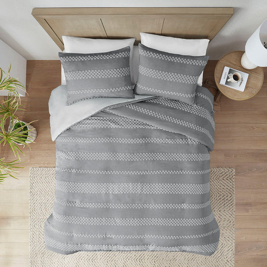 Drew - 3 Piece Full Clipped Jacquard Duvet Cover Set - Gray