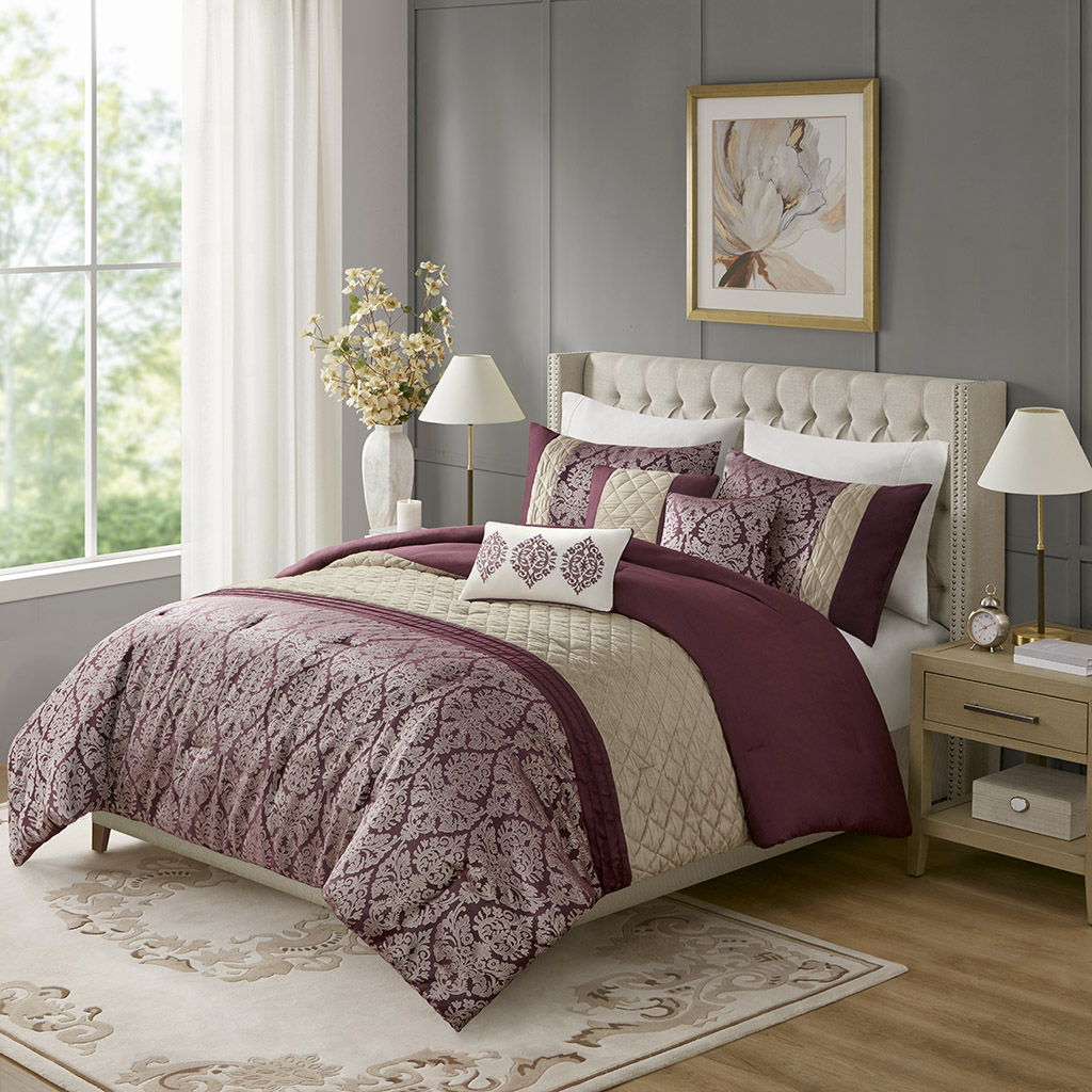 Lily - 6 Piece Jacquard Comforter Set With Throw Pillows - Plum