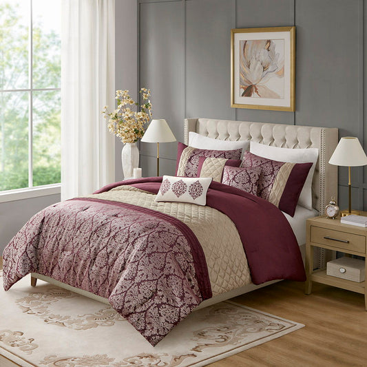 Lily - 6 Piece Jacquard Comforter Set With Throw Pillows - Plum