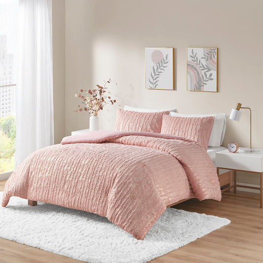 Naomi - Twin Metallic Print Faux Fur Duvet Cover Set - Blush/Gold