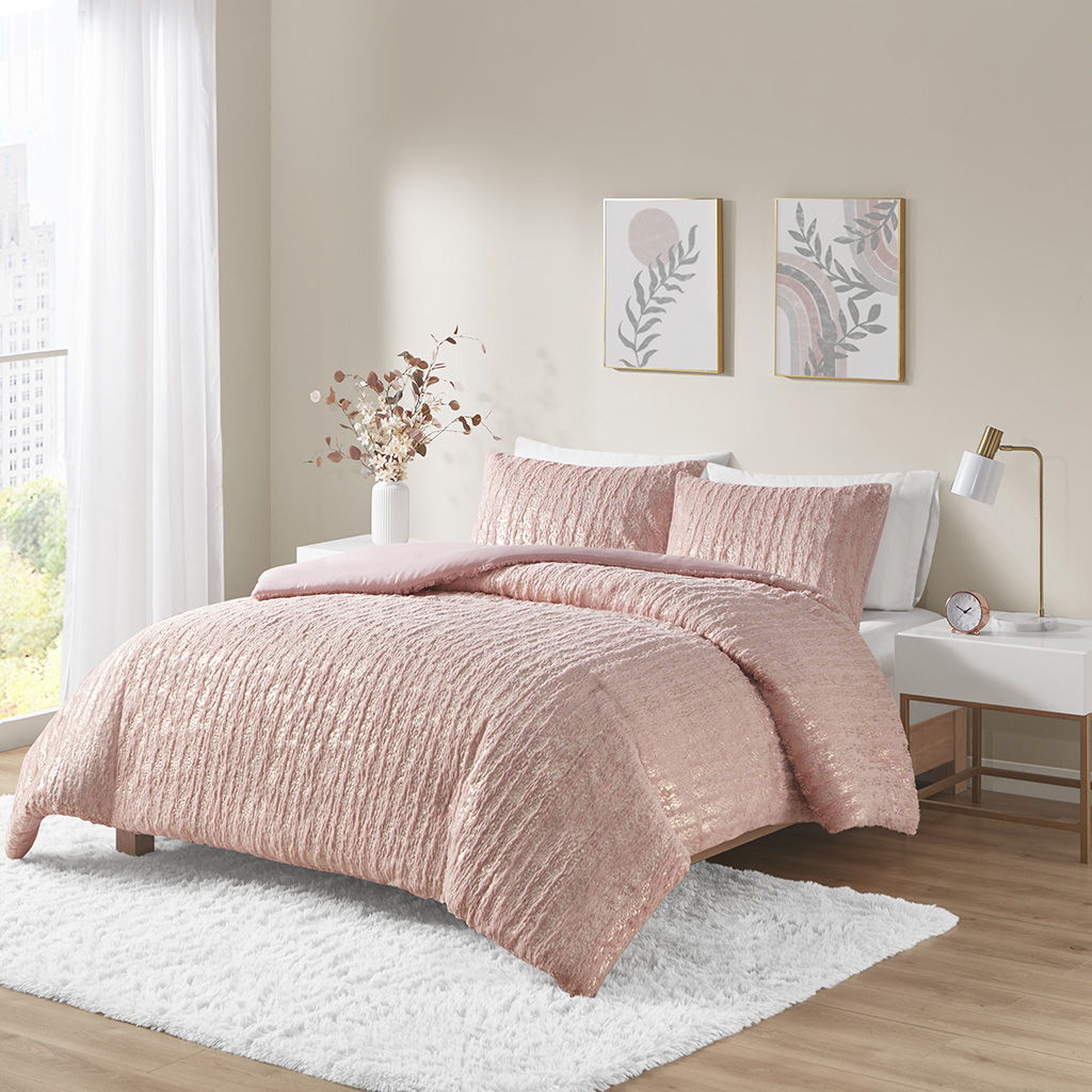 Naomi - Full Metallic Print Faux Fur Duvet Cover Set - Blush/Gold