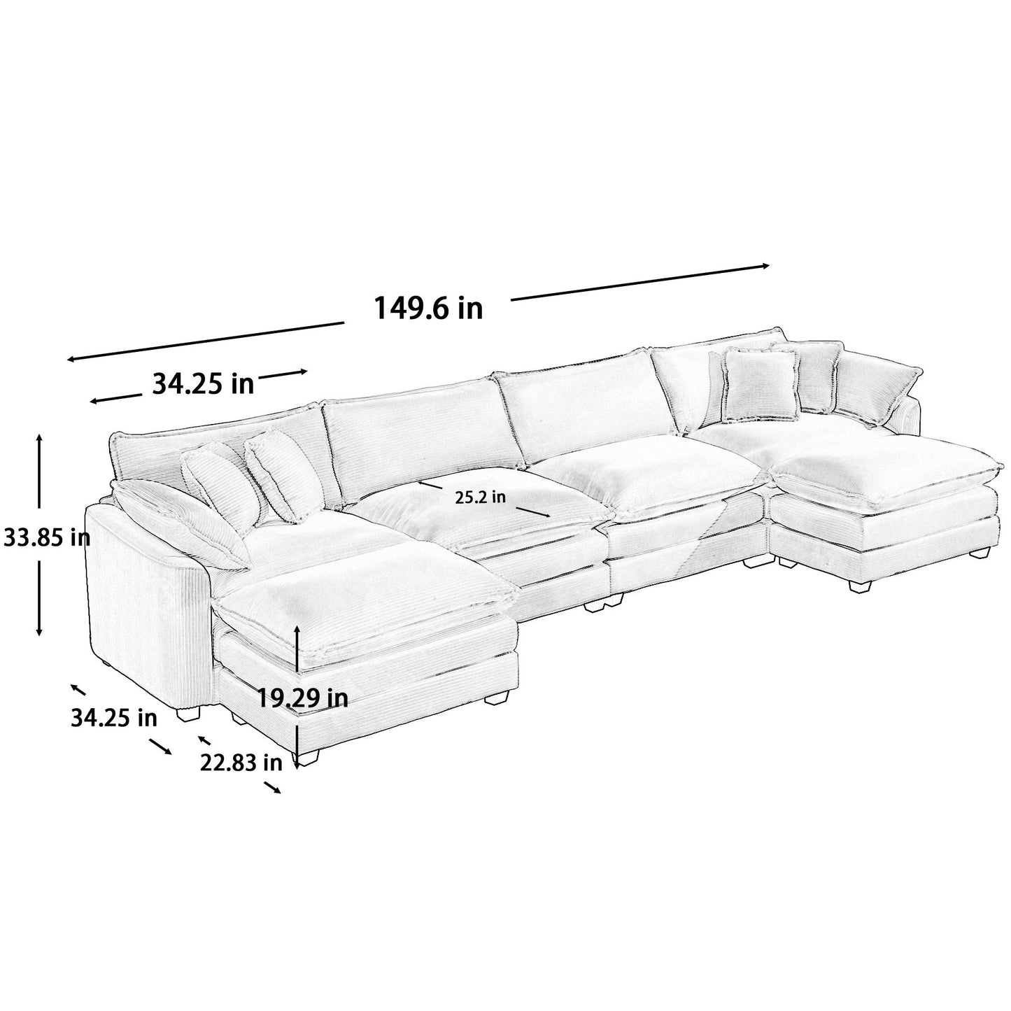 Modern Oversized Modular Cushion Sofa With Ottoman, Low Back, Deep Seating Sofa Set Home Essentials