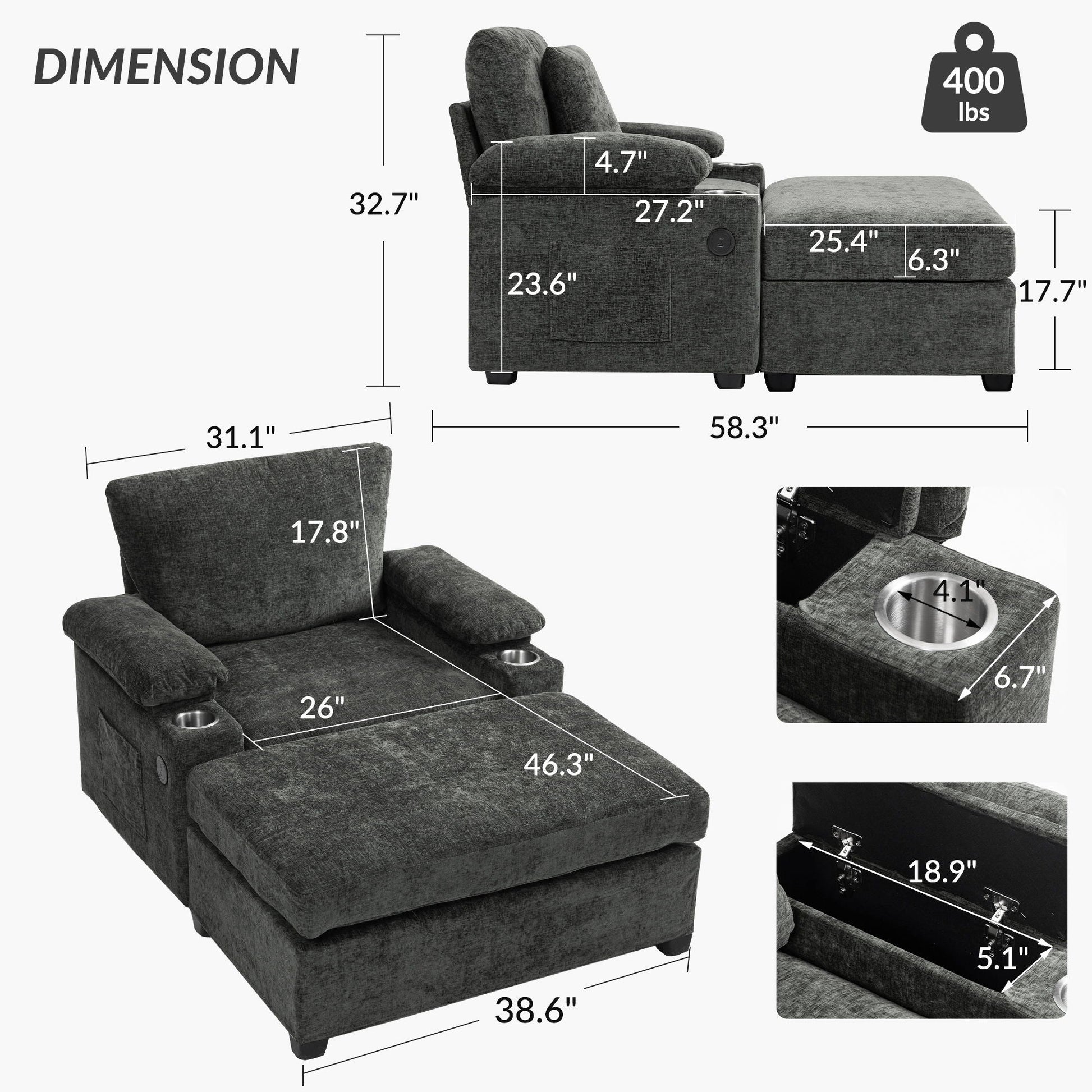 Modern Oversized Chair With Ottoman, Cupholders And USB Charging Ports Home Essentials