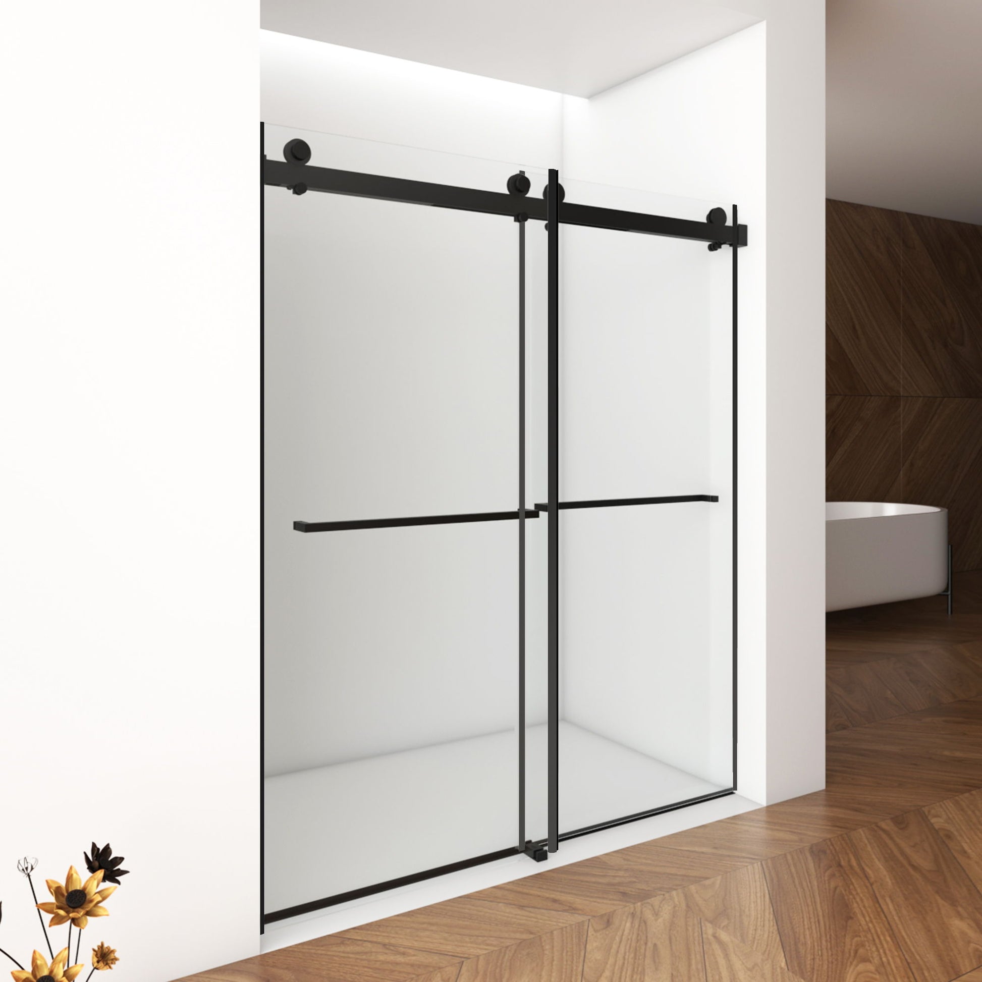 Frameless Shower Door, Double Sliding Shower Door, Clear Tempered Glass Shower Enclosure With Square Rail, Double Side Easy Clean Coat, Finished With Buffer Daily Nest