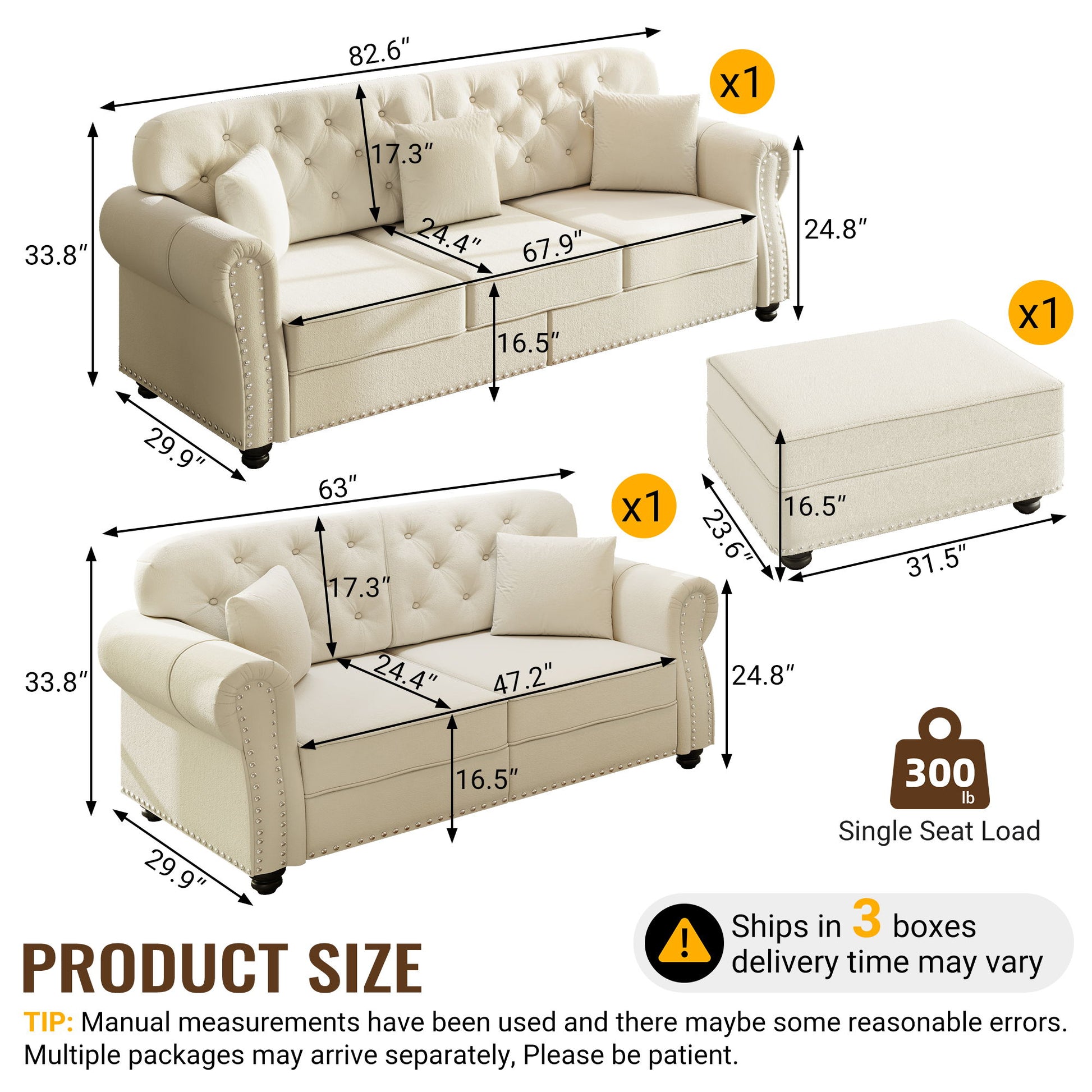 Upholstered Sofa Set With Nailhead Trim And Rolled Armrests, Includes Pillows Home Essentials