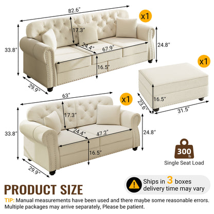 Upholstered Sofa Set With Nailhead Trim And Rolled Armrests, Includes Pillows Home Essentials